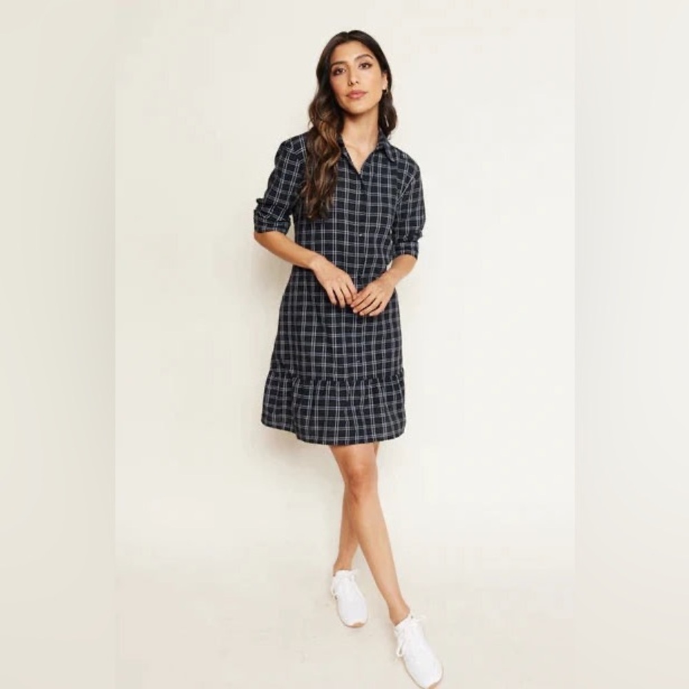 NEW ABLE Shelby Flounce 100% Cotton Shirtdress Black‎ & White Check Women’s L